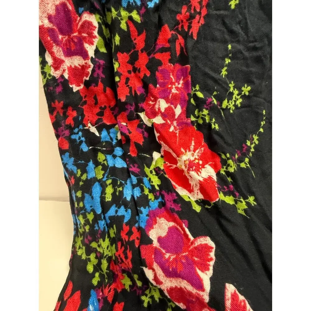 APT. 9 Black Floral Bird Scarf Oversized Lightweight Wrap Short Fringe 78x19